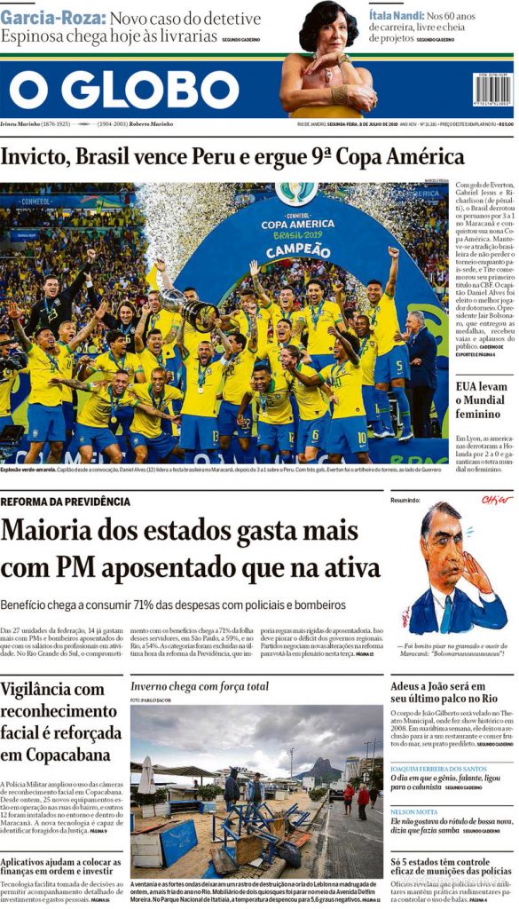 Comparativo entre o destaque dado à final da Copa América masculina e à Copa do Mundo feminina