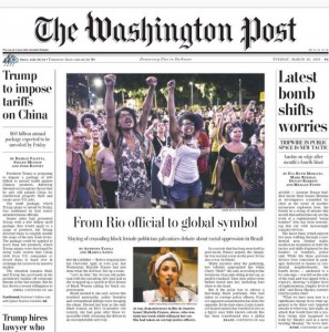 Marielle na capa do Washington Post, ontem (20). Mito e símbolo global da luta contra o genocídio de pobres, negros/as, das favelas do Brasil.
