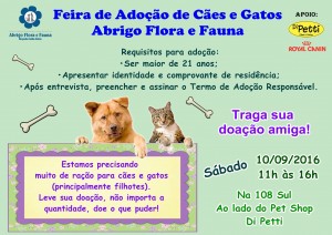 cartaz da feira de adoção do abrigo flora e fauna-bicho