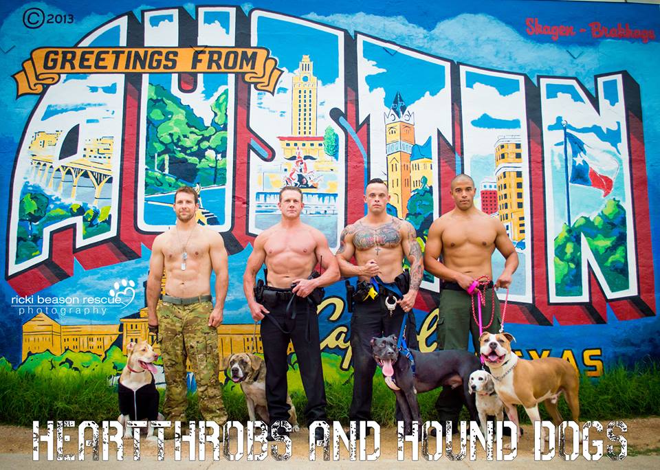 imagem de militares veteranos e policiais americanos com animais resgatados.Projeto de uma fotógrafa que produz calendários com o propósito de ajudar a adoção de animais