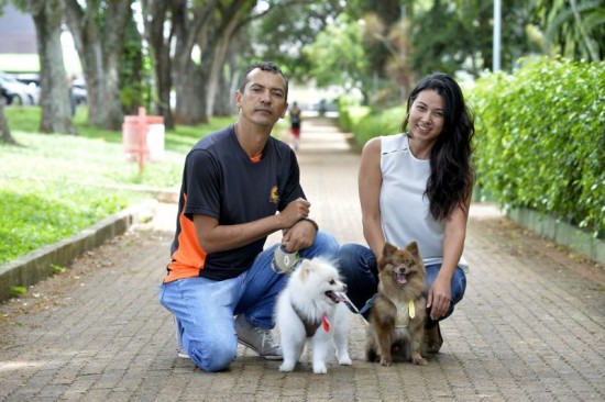 Imagem mostra adestrador e uma personagem com seus cãezinhos. Adestramento.