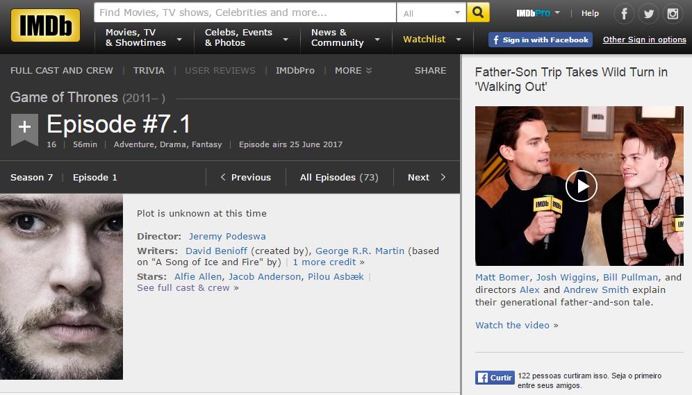 Print do site IMDB com data de estreia de Game of thrones