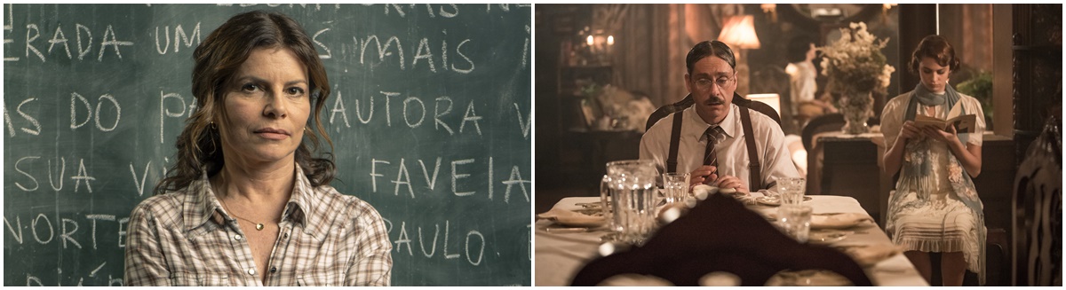 Debora Bloch em cena de Segunda chamada e Alexandre Nero em Filhos da pátria