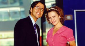 Marcos Palmeira e Adriana Esteves como Alexandre Toledo e Sandrinha na novela Torre de Babel